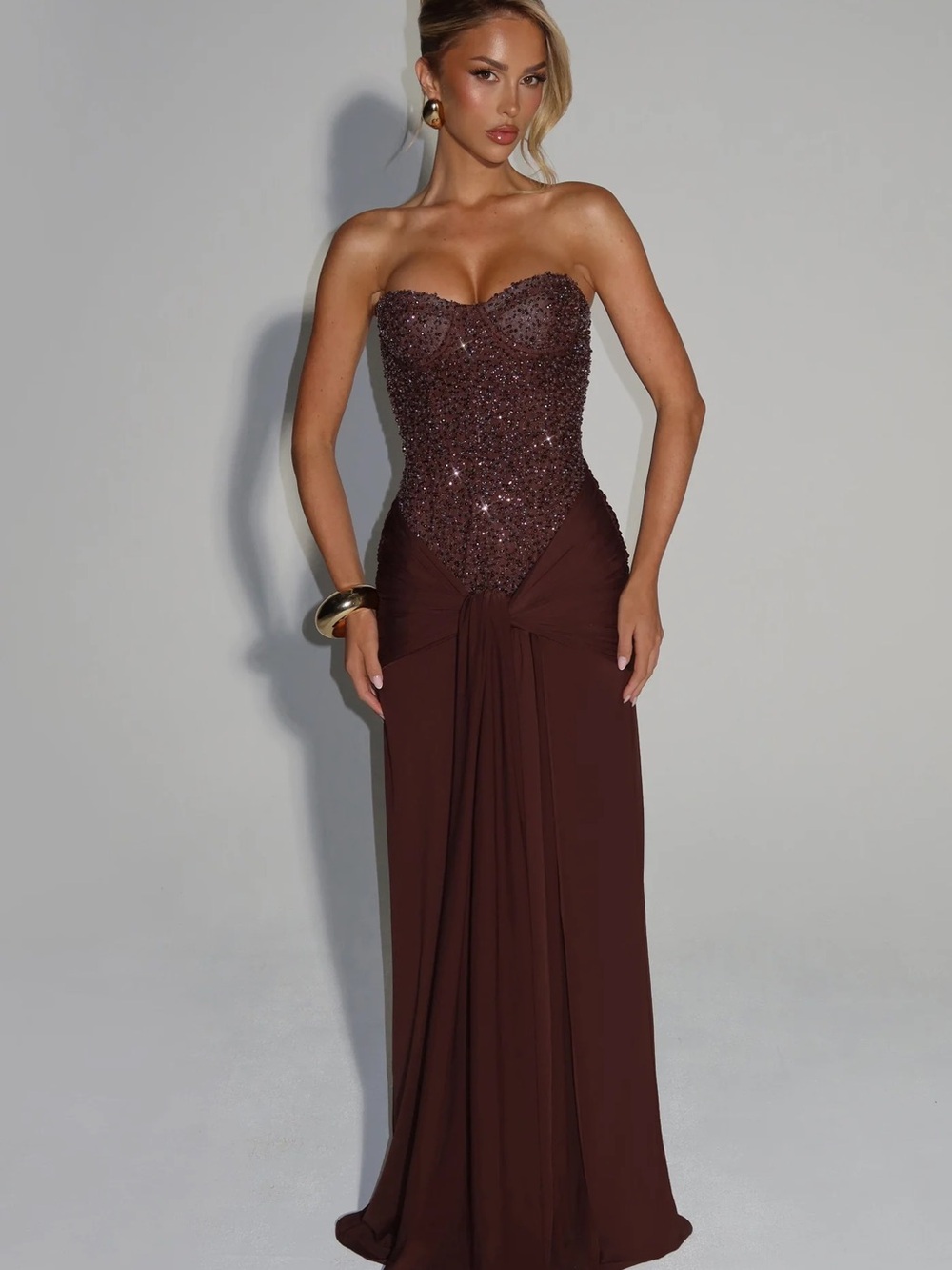 Strapless Sequin Bodice Maxi Dress in Dark Brown